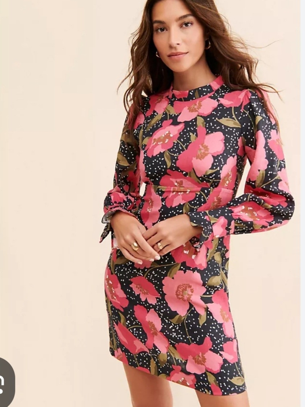 O Anthropologie Linen Kachel Black Mini Dress with Pink Floral Print NWOT size 4